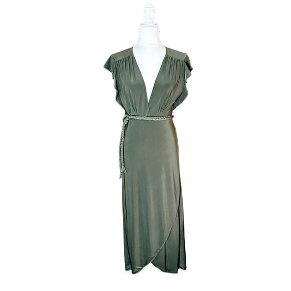 NEW MISA Los Angeles Dress Maxi Green Knit Braided Belt Wrap Belt V-Neck M - Picture 9 of 15